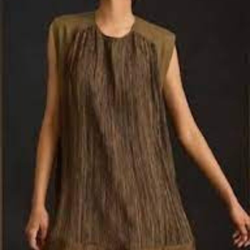 Anthropologie Cap-Sleeve Plissé Mini Dress - Moss Green - Size L